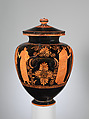 Terracotta stamnos (jar) with lid, Attributed to the Villa Giulia Painter, Terracotta, Greek, Attic
