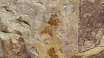 Painted limestone funerary stele with a seated man and two standing figures, Limestone, paint, Greek