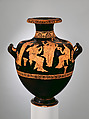 Terracotta hydria: kalpis (water jar), Attributed to the Chrysis Painter (namepiece), Terracotta, Greek, Attic