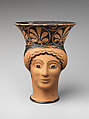 Terracotta mug in the form of a woman's head, Attributed to Class G: The London Class of Head Vases, Terracotta, Greek, Attic