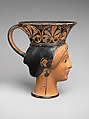 Terracotta mug in the form of a woman's head, Attributed to Class G: The London Class of Head Vases, Terracotta, Greek, Attic