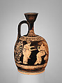 Terracotta squat lekythos (oil flask), Attributed to the manner of the Meidias Painter, Terracotta, Greek, Attic