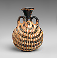 Terracotta amphoriskos (flask) in the form of a shell, Terracotta, Greek, Attic