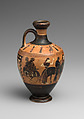 Terracotta lekythos (oil flask), Attributed to the Amasis Painter, Terracotta, Greek, Attic