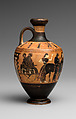 Terracotta lekythos (oil flask), Attributed to the Amasis Painter, Terracotta, Greek, Attic