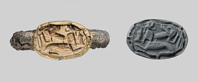 Silver ring with scarab, Silver, gold, glazed steatite, Egyptian or Levantine