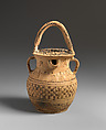 Terracotta vase with strainer, spout, and three handles, Terracotta, Greek, Attic