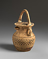 Terracotta vase with strainer, spout, and three handles, Terracotta, Greek, Attic