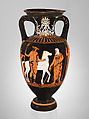 Terracotta neck-amphora (jar) with twisted handles, Attributed to the Suessula Painter, Terracotta, Greek, Attic