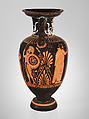 Terracotta neck-amphora (jar) with twisted handles, Attributed to the Suessula Painter, Terracotta, Greek, Attic