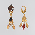Gold earring with lotus flower pendant, Gold, carnelian, Greek, Cypriot