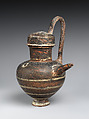 Terracotta spouted jug with high handle and slip lid, Terracotta, Lydian