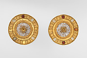 Pair of gold and rock crystal disks, set with garnet and glass inlays, Gold, rock crystal, Etruscan