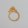 Gold earring with head of an antelope, Gold, Greek