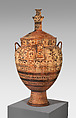 Terracotta krater with lid surmounted by a small hydria, Attributed to the Cesnola Painter, Terracotta, Greek, Euboean