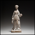 Terracotta figuring of a standing female votary holding a box, Terracotta, Cypriot