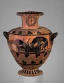 Terracotta hydria (water jar), Attributed to the Eagle Painter, Terracotta, Greek, Caeretan