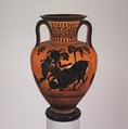Terracotta neck-amphora (jar) with Herakles and a bull, Terracotta, Greek, Attic