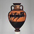 Terracotta Panathenaic prize amphora (jar), Attributed to the Leagros Group, Terracotta, Greek, Attic