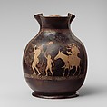 Terracotta oinochoe: chous (jug), Attributed to the Eretria Painter, Terracotta, Greek, Attic
