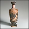 Terracotta lekythos (oil flask), Attributed to Midway between the Diosphos Painter and the Haimon Painter, Terracotta, Greek, Attic