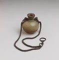 Glass aryballus (oil bottle) with bronze suspension chain, Glass, Bronze, Roman