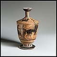 Terracotta lekythos (oil flask), Attributed to the Painter of New York 07, Terracotta, Greek, Attic