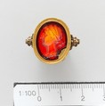 Carnelian oval set in a 17th–18th century gold ring, Signed by Gnaios, Carnelian, Roman