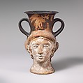 Terracotta kantharos (drinking cup with high handles), Attributed to Class W: The Class W: The Persian Class of Head Vases, Terracotta, Greek, Attic