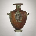 Bronze hydria (water jar), Bronze, silver, Greek