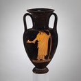Terracotta Nolan neck-amphora (jar), Attributed to the Berlin Painter, Terracotta, Greek, Attic