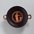 Terracotta kylix (drinking cup), Attributed to the Painter of London E 100, Terracotta, Greek, Attic