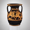 Terracotta pelike (wine jar), Attributed to the Painter of Munich 2365, Terracotta, Greek, Attic