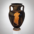 Terracotta neck-amphora (jar) with twisted handles, Attributed to the Matsch Painter, Terracotta, Greek, Attic