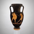 Terracotta Nolan neck-amphora (jar), Attributed to the Dwarf Painter, Terracotta, Greek, Attic
