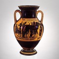 Terracotta amphora (jar), Attributed to the manner of the Antimenes Painter, Terracotta, Greek, Attic