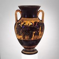 Terracotta amphora (jar), Related to the Antimenes Painter, Terracotta, Greek, Attic
