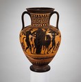 Terracotta neck-amphora (jar), Attributed to the Leagros Group, Terracotta, Greek, Attic