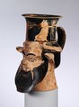Terracotta mug in the form of a satyr's head, Attributed to the Carlsruhe Painter, Terracotta, Greek, Attic