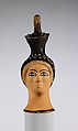 Terracotta oinochoe (jug) in the form of a woman's head, Class N: The Cook Class of Head Vases, Terracotta, Greek, Attic
