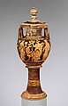 Terracotta lebes gamikos (round-bottomed bowl with handles and stand used in weddings), Attributed to Painter of London 1923, Terracotta, Greek, Attic