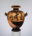 Terracotta hydria (water jar), Attributed to the manner of the Meidias Painter, Terracotta, Greek, Attic