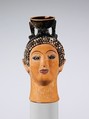 Terracotta aryballos (perfume bottle) in the shape of a woman's head, Oxford Class of Head Vases, Terracotta, Greek, Attic