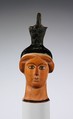 Terracotta oinochoe (jug) in the form of a woman's head, Class S: The Canessa Class of Head Vases, Terracotta, Greek, Attic