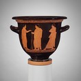 Terracotta bell-krater (bowl for mixing wine and water), Attributed to the Menelaos Painter, Terracotta, Greek, Attic