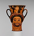 Terracotta kantharos (drinking cup) in the form of the heads of Herakles and of a woman, Attributed to the Syriskos Painter, Terracotta, Greek, Attic
