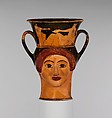 Terracotta kantharos (drinking cup) in the form of the heads of Herakles and of a woman, Attributed to the Syriskos Painter, Terracotta, Greek, Attic