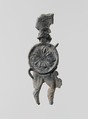 Lead figure of a warrior with a helmet, shield, and spear, Lead, Greek, Laconian