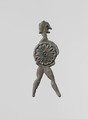 Lead figure of a warrior with a helmet and shield, Lead, Greek, Laconian