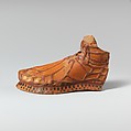 Terracotta aryballos in the form of a sandaled foot, Terracotta, East Greek